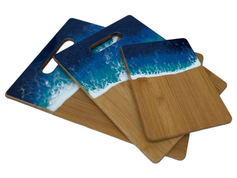 Set of 3 Bamboo Cutting Board Serving Boards Turquise/Navy Ocean